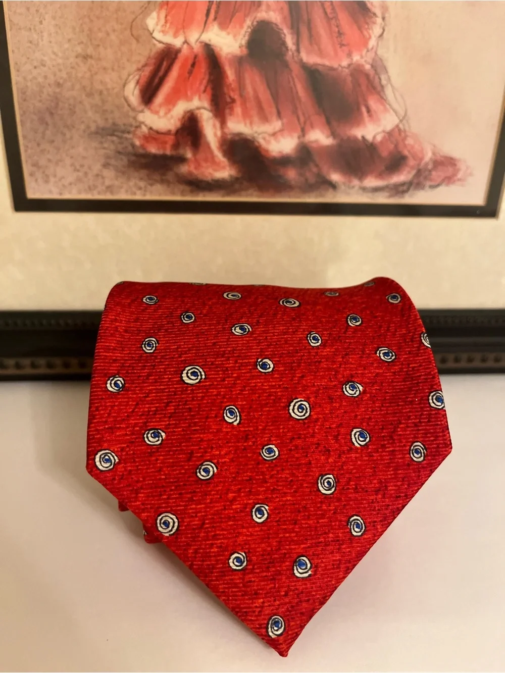 BVLGARI Red Silk Tie with Blue and Ivory Dot Motif - Made in Italy - 3.75” Width